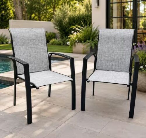 Stackable Patio Metal Dining Chairs with Textilene Fabric, Gray (Set of 2)