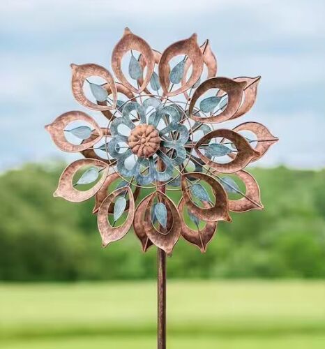 75 in. Brushed Copper and Antique Blue Steel Outdoor Lily Wind Spinner (26.25 in. W x 10.25 in. D)