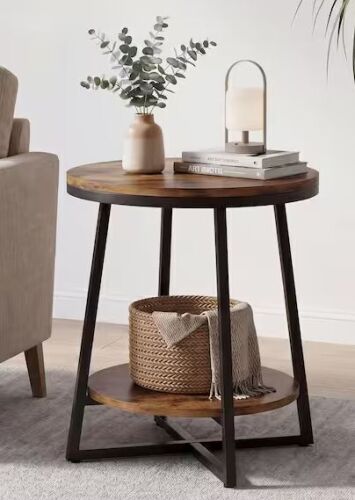 BYBLIGHT Kerlin 20 in. Rustic Brown Round Wood End Table with 2 Tier Storage Shelf