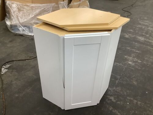 Hampton Bay Shaker 24 in. W x 12 in. D x 36 in. H Assembled Diagonal Corner Wall Kitchen Cabinet in Satin White