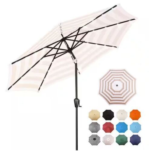 Sun-Ray 9 ft. Steel Market Solar Lighted 8-Rib Round Patio Umbrella in Beige and White Stripe