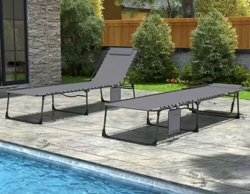 VEIKOUS 2-Piece Folding Chaise Lounge Chairs with Pillow and Side Pocket, Fully Reclining Outdoor Chairs, Dark Gray