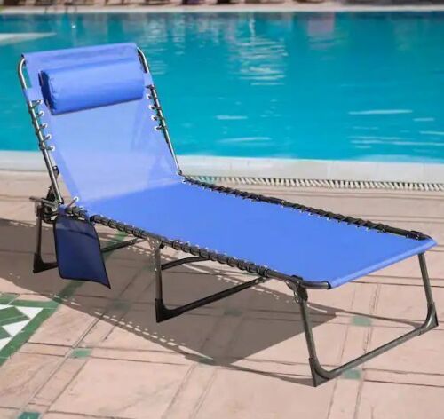 VEIKOUS Outdoor Folding Chaise Lounge Chair Fully Flat for Beach with Pillow and Side Pocket, Blue
