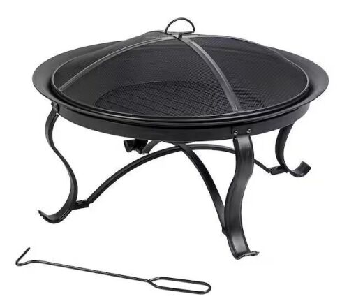 Hampton Bay Sadler 29.33 in. D 19.21 in. H Round Steel Wood Fire Pit in Bronze with Spark Screen and Poker