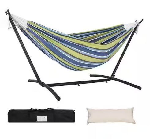 Outdoor Classic Hammock with 9FT Space Saving Steel Stand Head Pillow Carrying Bag In Green & Blue Striped