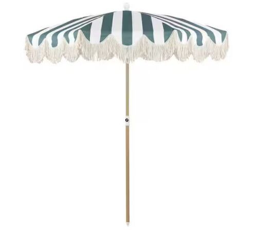 JONATHAN Y Mariner 6.5 ft. Classic Cottage Fringe Tassel Market Beach Umbrella in Green and White Stripe/Cream, Brown Pole