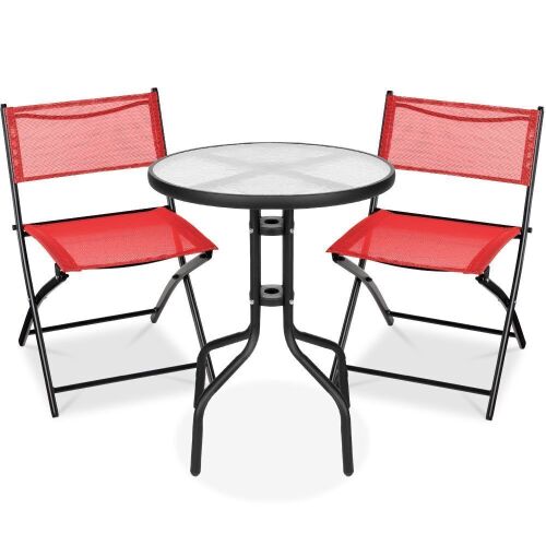 3-Piece Bistro Set w/ Glass Table, 2 Foldable Chairs