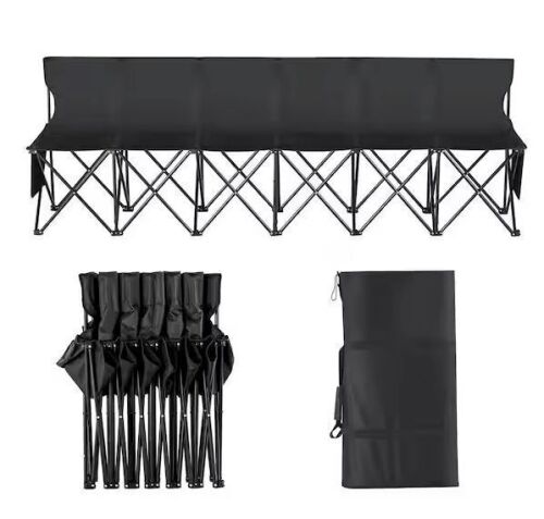 Portable Folding Bench 6-Seats Sideline Outdoor Camping Aluminum Bench Chair with Carry Bag and Backrest, Black