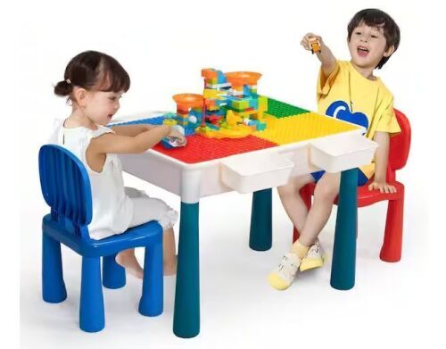 Kids Block Building Table Activity Table and Chair Set with Storage Box, Gray