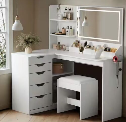 47.2 in. White L Shaped LED Makeup Vanity Set with Power Outlet and 5 Storage Drawers
