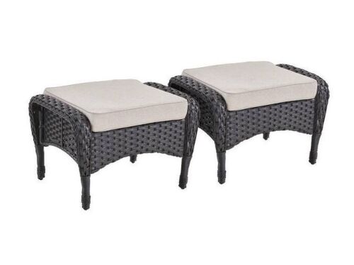 SleekArm Black Wicker Outdoor Ottoman with Beige Cushions for Patio Furniture PE Resin Footrest (Set of 2)