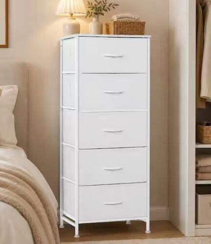 Classical White 5 Drawer 11.8 in. Wide Chest of Drawers with Wood Top Organizer & Removable Fabric Bins