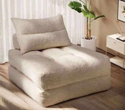33.8 in. Beige Teddy Fabric Twin Size Sofa Bed, 3-in-1 Convertible, High-Resilience Foam, No Assembly