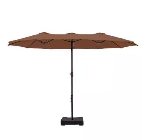 15 ft. Market Patio Umbrella 2-Side in Maillard Brown with Base and Sandbags