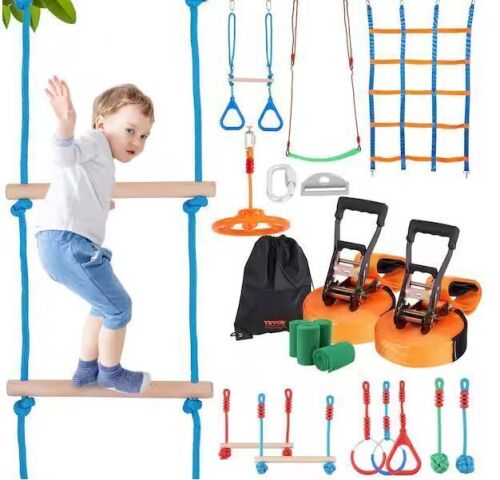 VEVOR Ninja Warrior Obstacle Course 2 x 50 ft. Weatherproof Slacklines Multi-Colored Playset Equipment with 12 Obstacles