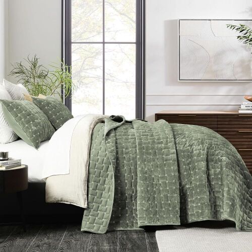 Grassix Velvet Quilt Set King Size, Luxury Geometric Design, Sage Green