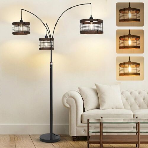 3-Light Industrial Floor Lamp with Wood & Metal Cage