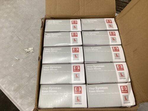 Case of (10) Basic Disposable Vinyl Synmax Exam Gloves, Large, 100ct