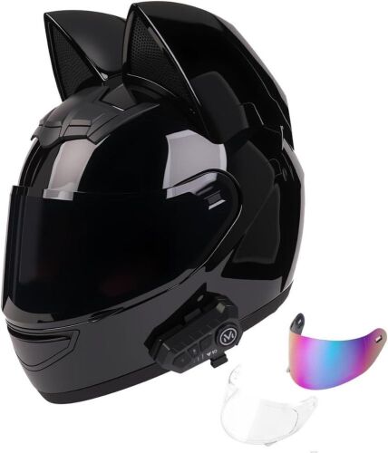 Full Face Cat Ear Motorcycle Helmet with Built-in Speaker, XL