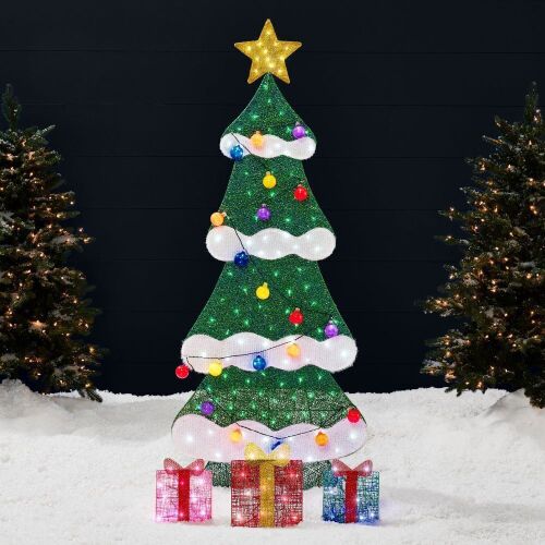 6ft Lighted 2D Christmas Tree Outdoor Decor w/ 170 LED Lights, 3 Gift Boxes