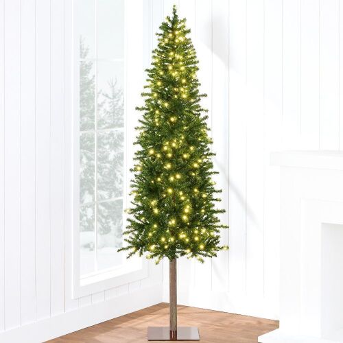 7.5' Pre-Lit Artificial Alpine Slim Pencil Christmas Tree w/ LED Lights, Stand