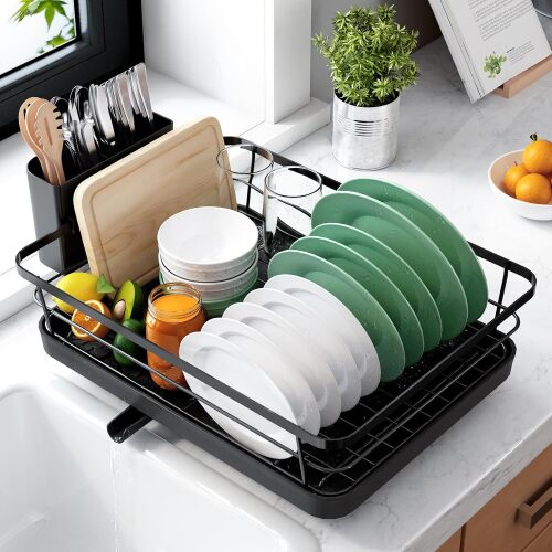 Kitsure Dish Drying Rack for Kitchen Counter, 12''W x 15.5''L, Black Stainless Steel Sink Organization, Cutlery Holder, Home and Appartment Decor