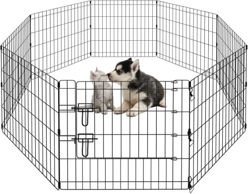 PEEKABOO Foldable Rustproof Dog Playpen with Door, 8 Panels 24"H 8-panel 24"W x 24"H rustproof metal dog playpen with door for indoor, outdoor, RV and small pet activity spaces.