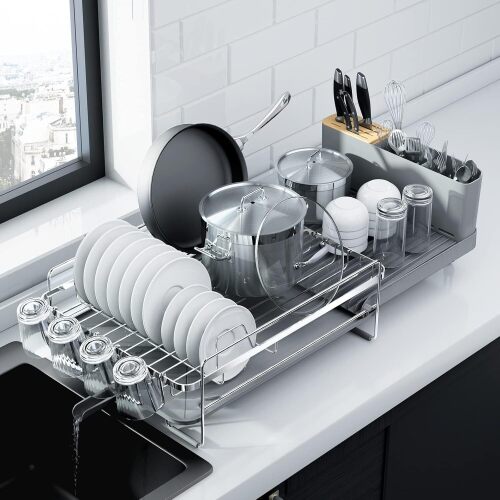 Kitsure Extendable Dish Drying Rack, 19.2"-26.7" L x 12.9" W, Sliver Large Dish Rack, Multifunctional Dish Rack for Kitchen Counter, Anti-Rust Dish Drainers with Cutlery & Cup Holders