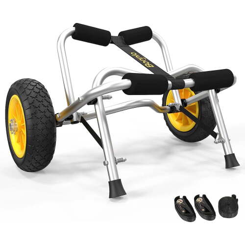 Bonnlo Kayak Cart Canoe Dolly Fishing Kayak Accessories Carrier Foldable Paddle Board Trolley Boat Trailer Transport with NO-Flat Airless Tires Wheels and 2 Ratchet Straps