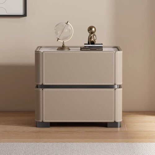 Sintered Stone Countertop Trendy Drawer Storage Bedside Table with 2 Drawers and Leg, 16"L x 16"W x 19"H, Khaki