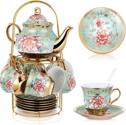 Zhehao 20 Pcs Porcelain Tea Set for Adult, with Metal Holder, Fresh European Ceramic Tea Party Set for Women, Floral English Teapot Cups Saucers Spoons, Vintage Tea Set Gift, Large Version
