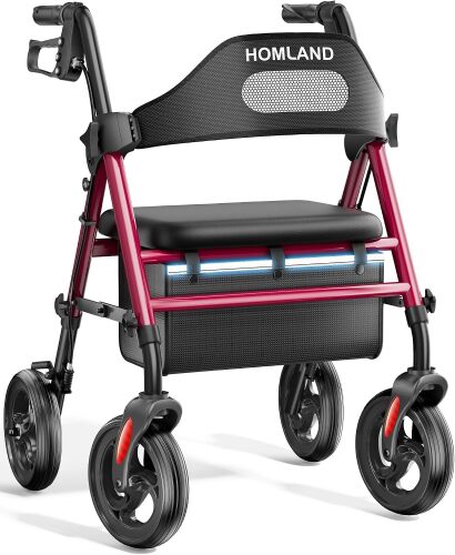 HOMLAND Foldable Rollator Walker for Seniors with Seat, 16" Extra-Wide Seat 8" All-Terrain Wheels, 1.6" Thick Padded Seat, Dual Adjustable Heights, Tool-Free Assembly, Pinch-Proof Design Rolling Walker