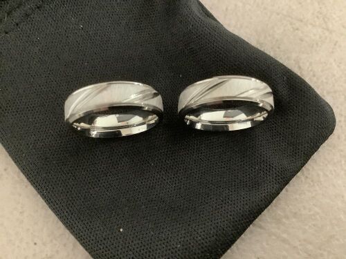Pair of Identical Modern Men's Wedding Bands – Contemporary Slant-Groove Comfort-Fit Ring Set
