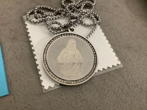 Sacred Heart of Jesus Rhinestone Medallion Necklace - Silver Tone Round Pendant with Box Chain