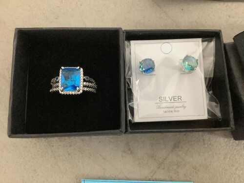 Elegant Sterling Silver 3-Piece Stackable Ring & Earring Set – Vibrant Blue & Brilliant Pavé