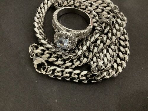 Silver-Tone Miami Cuban Link Chain & Round Halo Engagement Ring Set