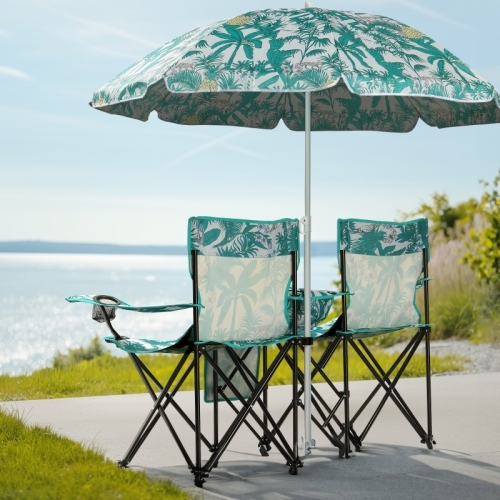 Zimtown Two Seat Beach Chair, Outdoor Folding Chairs, Portable Fishing Chair with Umbrella, Green Coconut Tree With Bag
