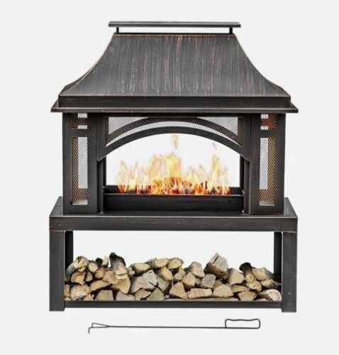Panovue 39 Inch Fire Pits with Outdoor Chimney and Wood Storage