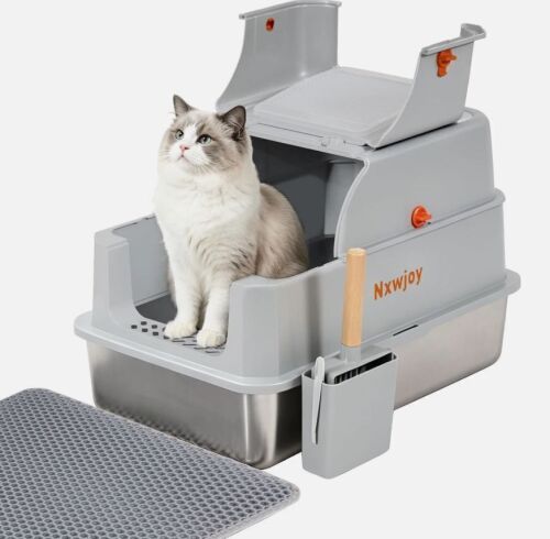 Grey Stainless Steel Cat Litter Box w Lid Scoop Mat High Sided XL Enclosed
