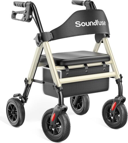 Foldable Rollator Walkers for Seniors with Seat, 8'' PU Wheels Ergonomic Padded Seat, Lightweight Aluminum Frame, Dual Height Adjustable, Rolling Walker with Big Storage Bag for Daily Use