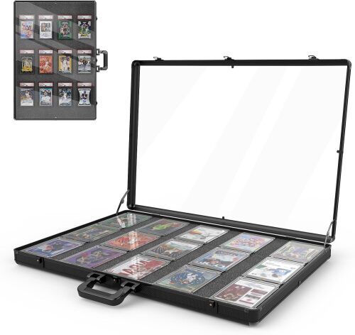 Aluminum Card Display Case with Lock, Customizable Foam Insert & Glass Tabletop Showcase for Collectible Trading Cards, Jewelry Storage for Trade Shows
