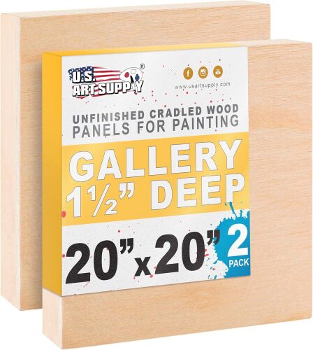 U.S. Art Supply 20" x 20" Unfinished Cradled Wood Panels for Painting Gallery 1-1/2" Deep (2 Pack) - Artist Depth Wooden Wall Canvases - Mixed-Media Craft, Acrylic, Oil, Encaustic, Paint Pouring
