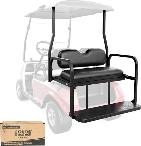 10L0L Golf Cart Rear Flip Seat for Club Car DS, Heavy-Duty Alloy Steel & PE Construction, No-Drill Installation, Non-Slip Pedals & Padded Backrest