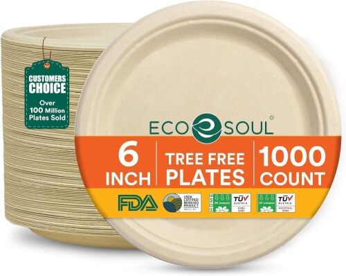 ECO SOUL 6 Inch Disposable Bagasse Paper Plates (1000 Pack, Round)