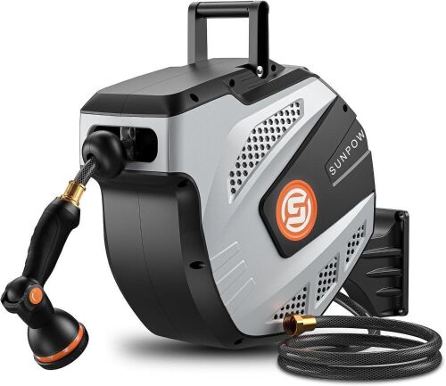 SUNPOW Retractable Garden Hose Reel, 1/2 inch x 50ft Heavy Duty Wall Mounted, 3/4 inch Brass Fitting & 10 Sprayer Nozzle, Any Length Lock, Auto Rewind System, 180°Swivel Bracket
