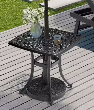 Patio Aluminum 21 in. Square Outdoor Side Table in Black with Umbrella Hole