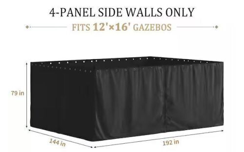12 ft. x 16 ft. Universal Outdoor Privacy Curtains, Gazebo Replacement with Zipper Black (4-Side Curtain Only)