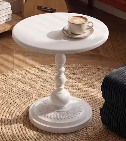 15.75 in. White Round Metal End Table with Vintage Pedestal Base