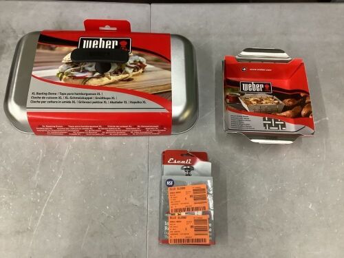Lot of Weber Griddle XL Basting Dome, Weber Small Stainless Steel Vegetable Grill Basket & (2) Escali Instant Read Dial Thermometer