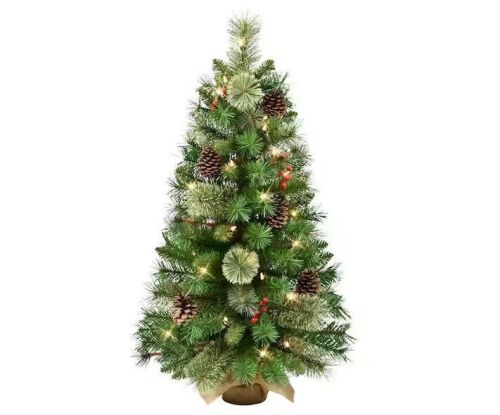 Puleo International 3 ft. Prelit Pine Adorned Artificial Christmas Tree in Burlap Sac